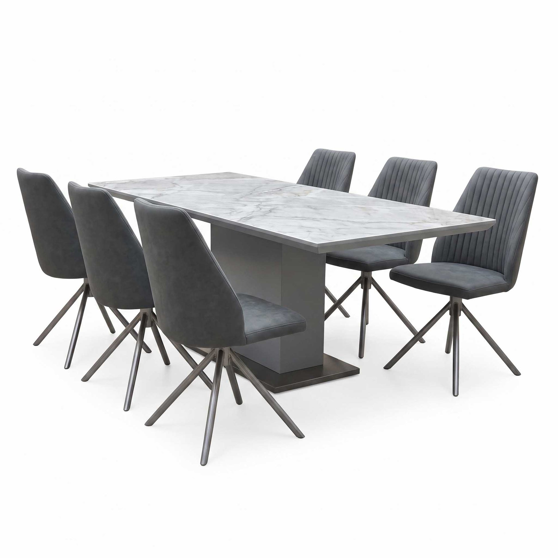 ‘Grigio' Ceramic Top Fixed Dining Table with Grey Fabric Swivel Dining Chairs - Set of 6 Furniture Village