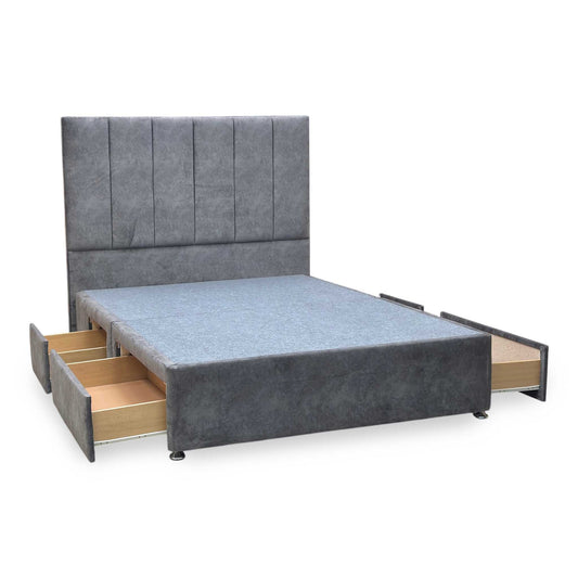 ‘Clancy’ Dapple Mink Fabric Floor Standing Headboard + 2 Draw Divan Base - King Furniture Village