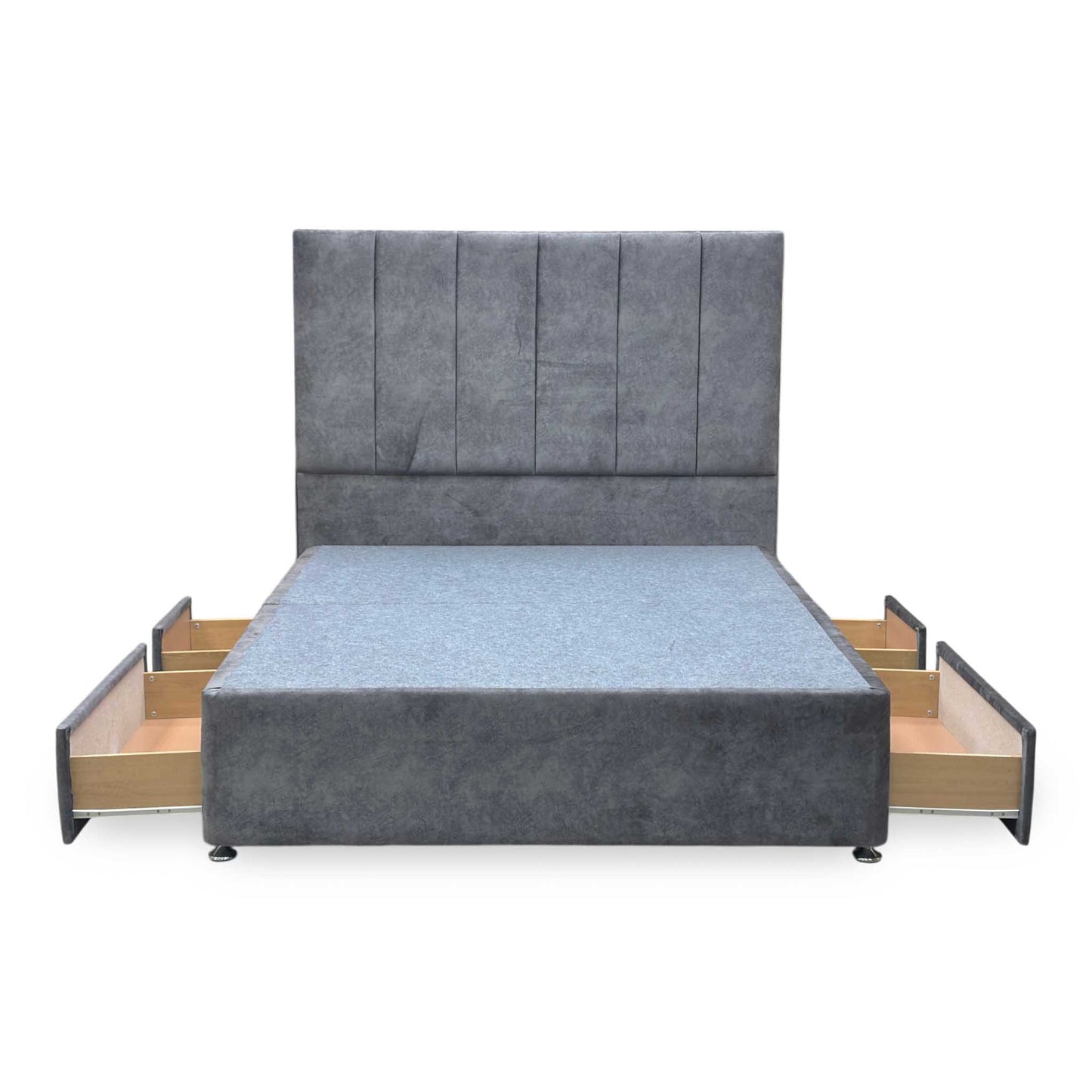 ‘Clancy’ Dapple Mink Fabric Floor Standing Headboard + 2 Draw Divan Base - King Furniture Village