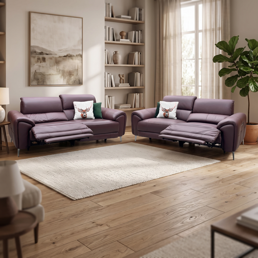 ‘Vino’ Cat-40_30 Oslo Mulberry Burgundy Leather 3 + 3 Seater Power Recliner Sofa Set with Power Headrests and Heated Seats Furniture Village