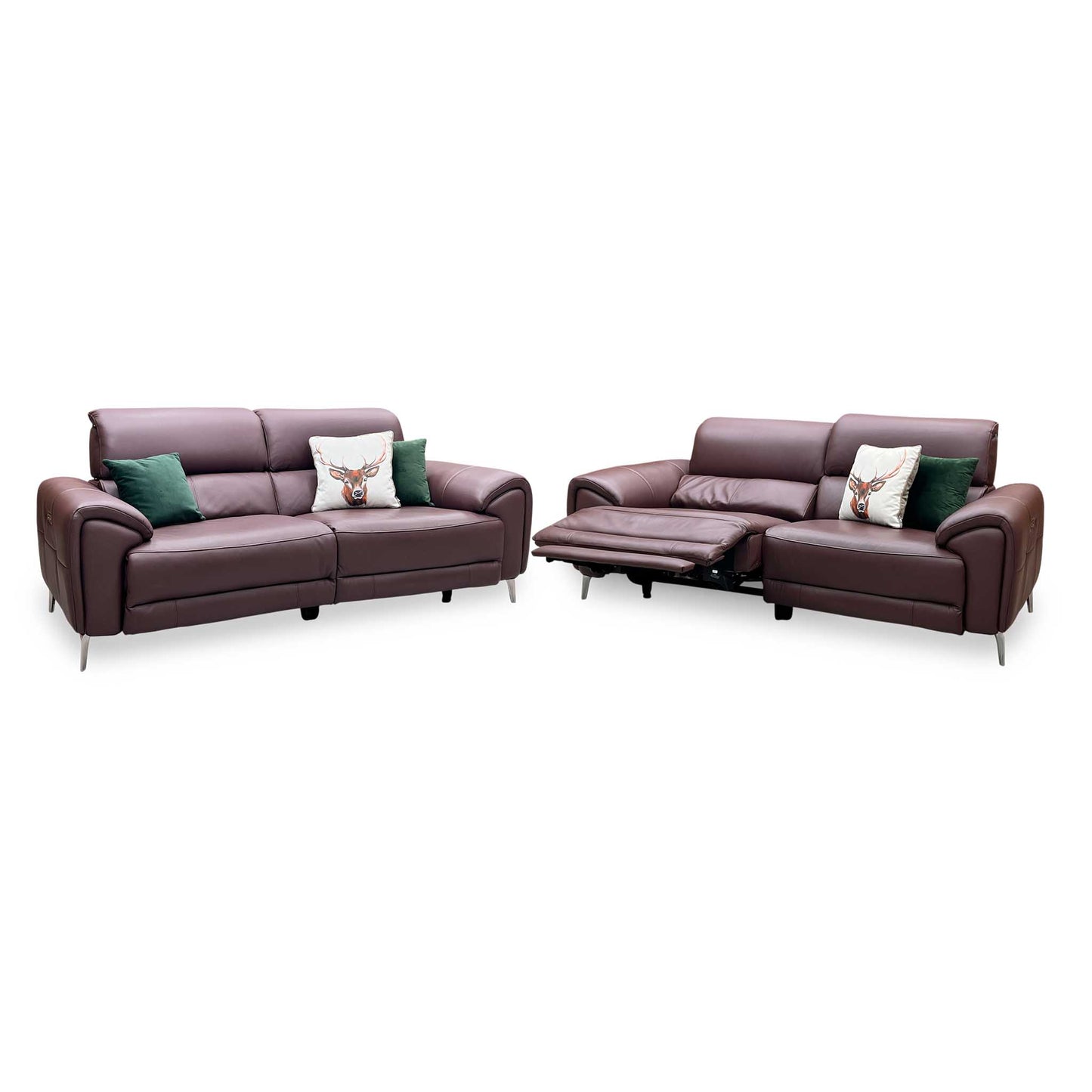 ‘Vino’ Cat-40_30 Oslo Mulberry Burgundy Leather 3 + 3 Seater Power Recliner Sofa Set with Power Headrests and Heated Seats Furniture Village
