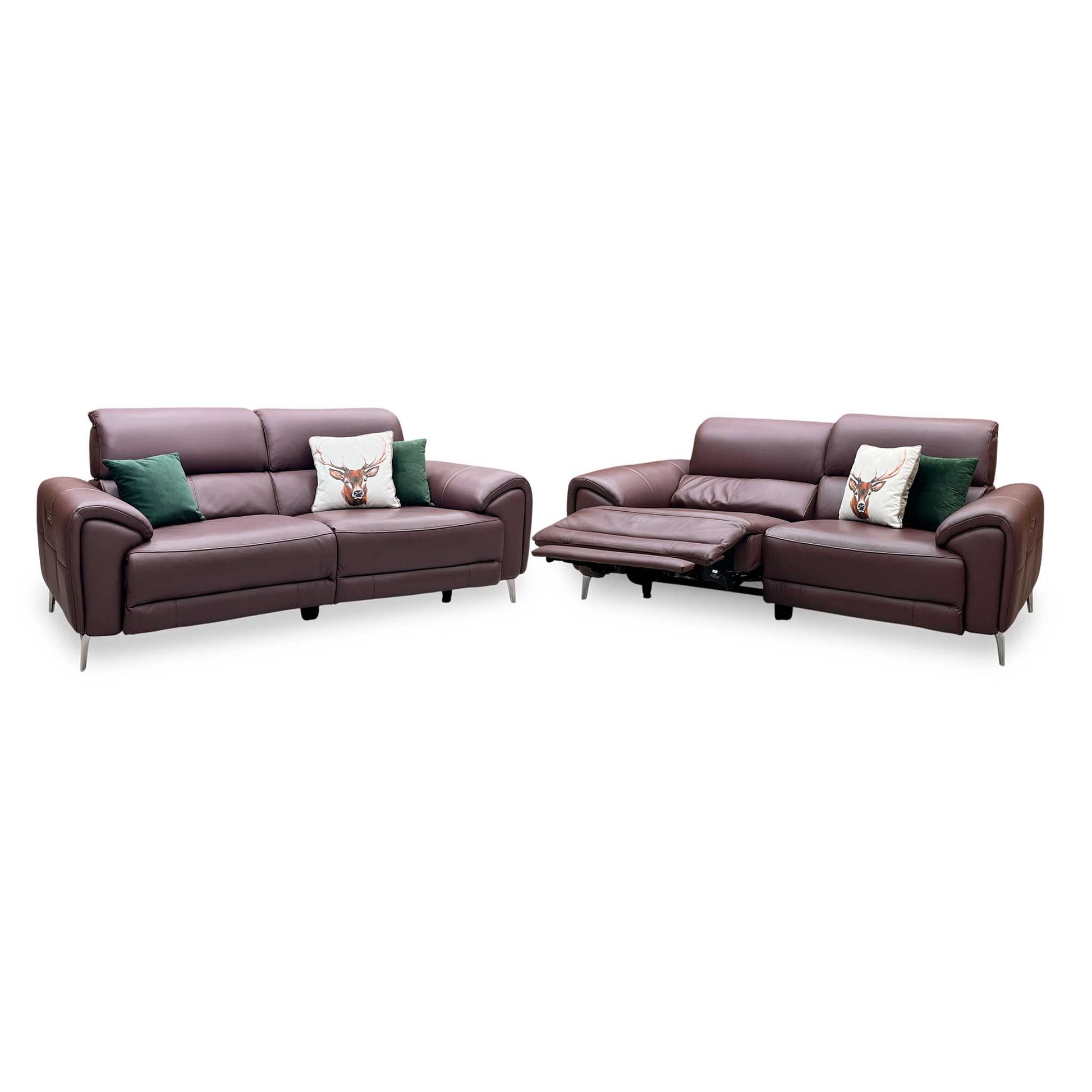 ‘Vino’ Cat-40_30 Oslo Mulberry Burgundy Leather 3 + 3 Seater Power Recliner Sofa Set with Power Headrests and Heated Seats Furniture Village