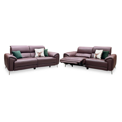‘Vino’ Cat-40_30 Oslo Mulberry Burgundy Leather 3 + 3 Seater Power Recliner Sofa Set with Power Headrests and Heated Seats Furniture Village