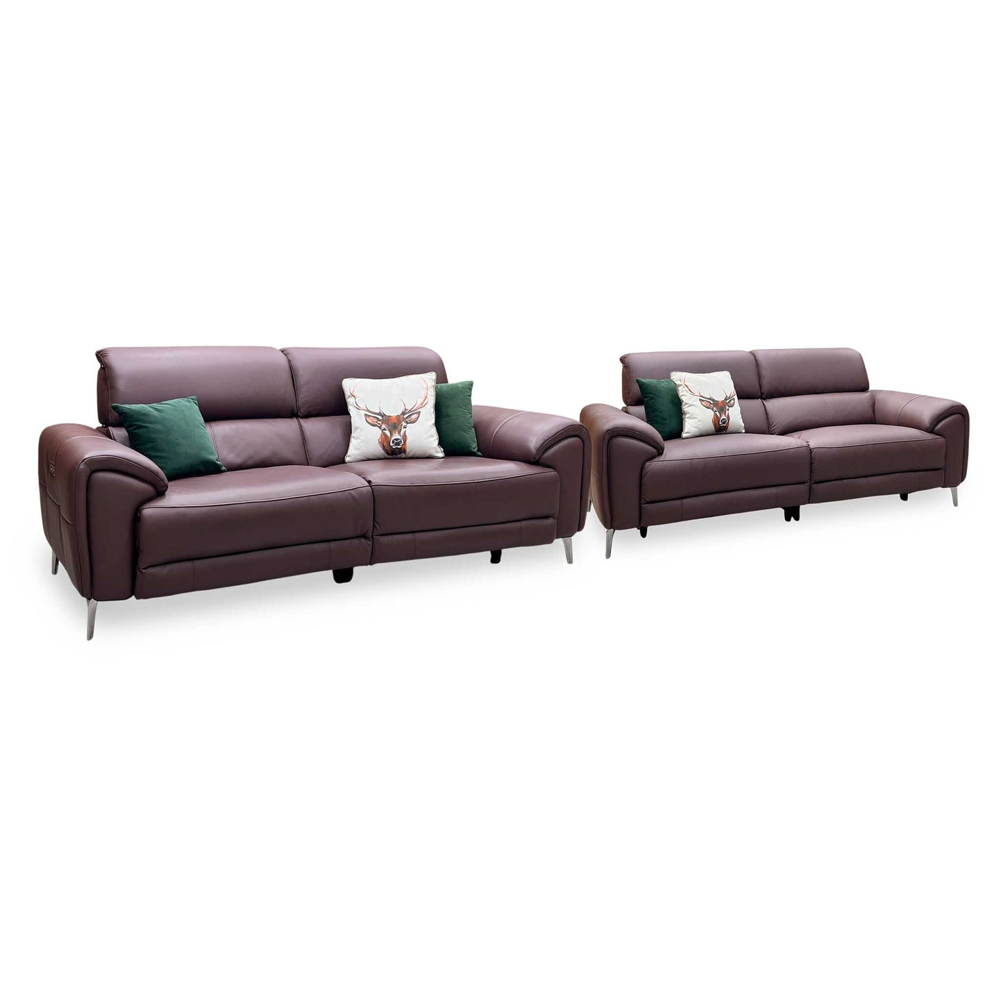 ‘Vino’ Cat-40_30 Oslo Mulberry Burgundy Leather 3 + 3 Seater Power Recliner Sofa Set with Power Headrests and Heated Seats Furniture Village