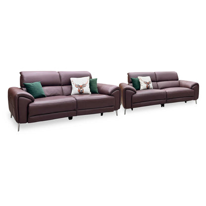 ‘Vino’ Cat-40_30 Oslo Mulberry Burgundy Leather 3 + 3 Seater Power Recliner Sofa Set with Power Headrests and Heated Seats Furniture Village