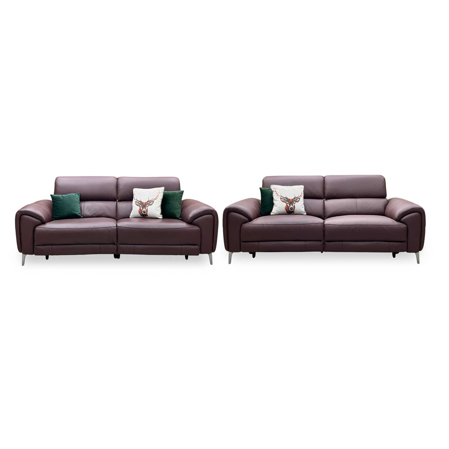 ‘Vino’ Cat-40_30 Oslo Mulberry Burgundy Leather 3 + 3 Seater Power Recliner Sofa Set with Power Headrests and Heated Seats Furniture Village