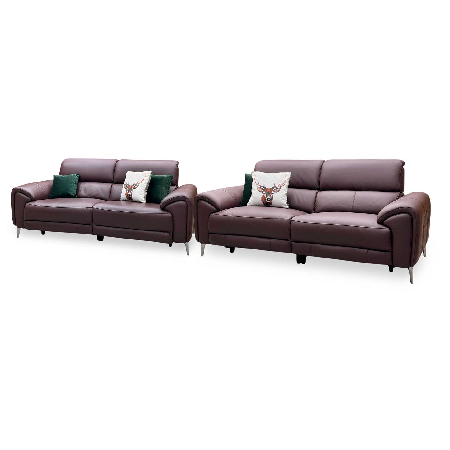 ‘Vino’ Cat-40_30 Oslo Mulberry Burgundy Leather 3 + 3 Seater Power Recliner Sofa Set with Power Headrests and Heated Seats Furniture Village