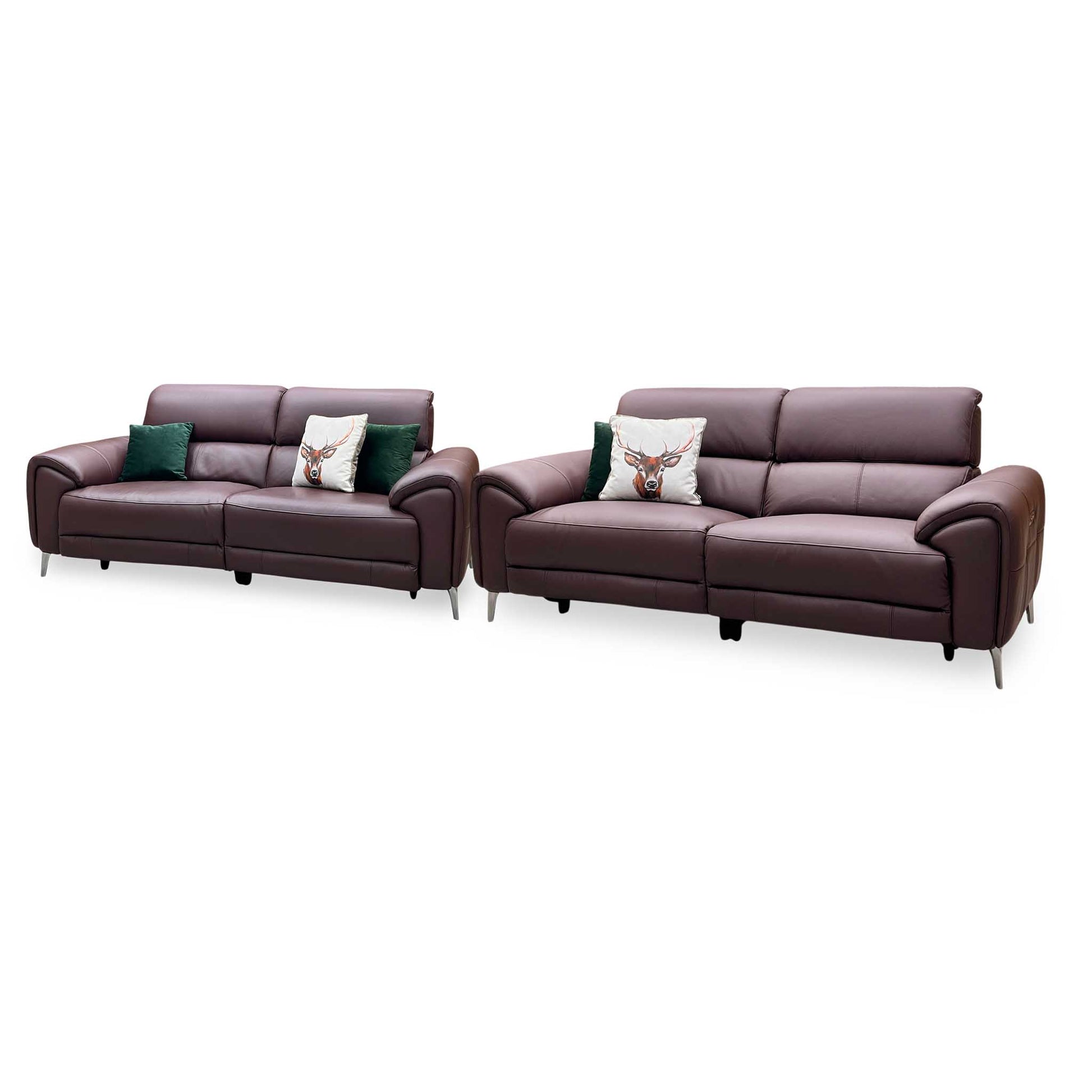 ‘Vino’ Cat-40_30 Oslo Mulberry Burgundy Leather 3 + 3 Seater Power Recliner Sofa Set with Power Headrests and Heated Seats Furniture Village