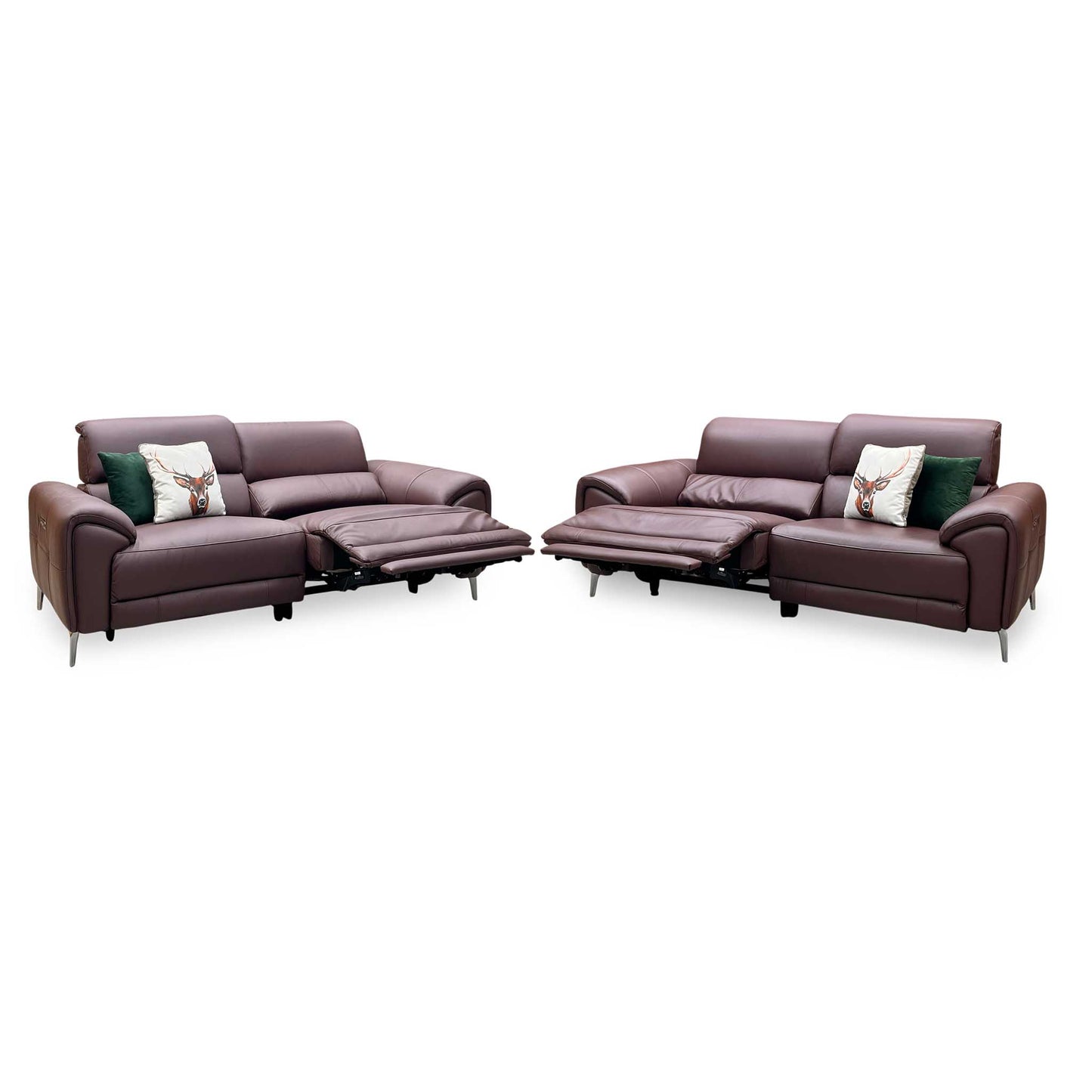 ‘Vino’ Cat-40_30 Oslo Mulberry Burgundy Leather 3 + 3 Seater Power Recliner Sofa Set with Power Headrests and Heated Seats Furniture Village