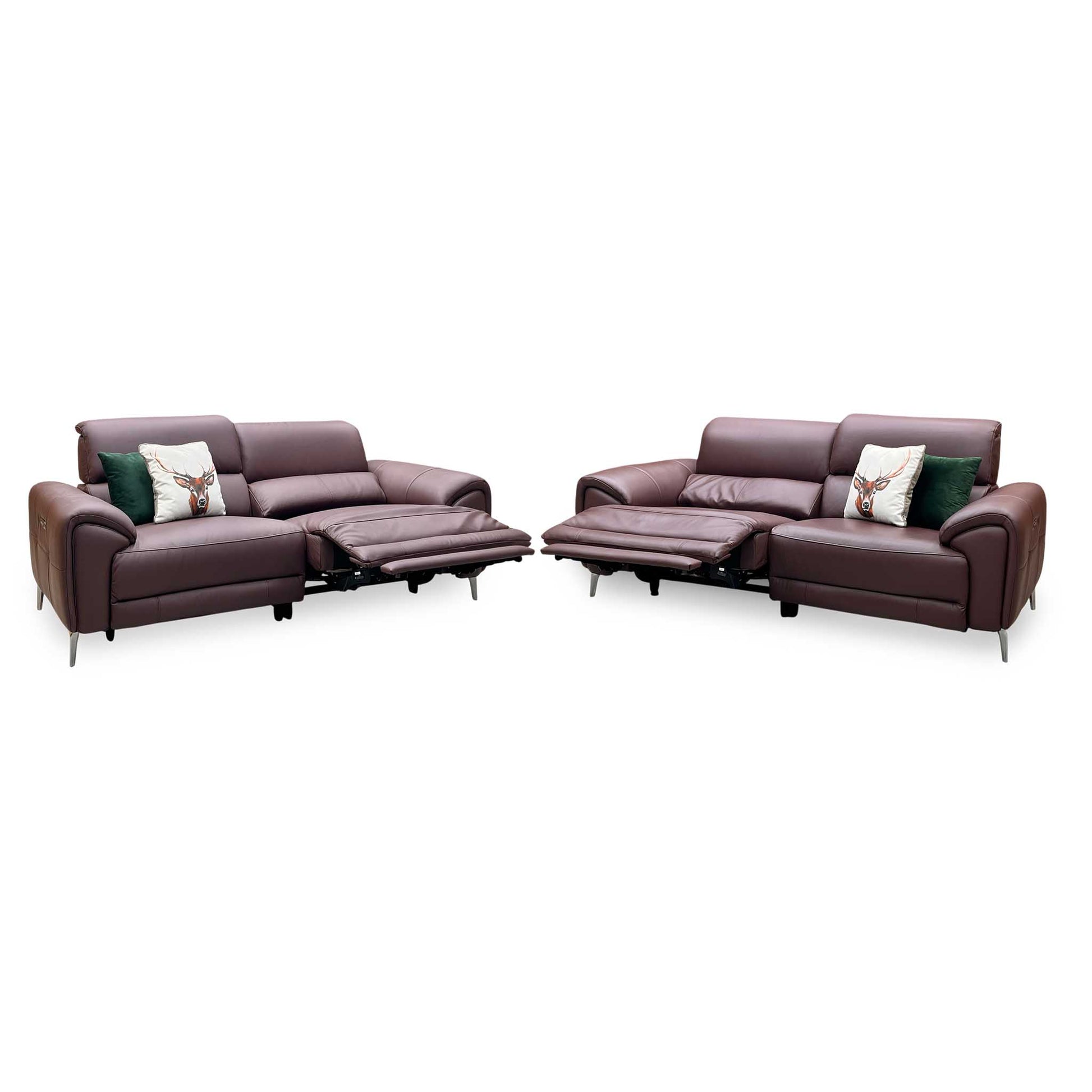 ‘Vino’ Cat-40_30 Oslo Mulberry Burgundy Leather 3 + 3 Seater Power Recliner Sofa Set with Power Headrests and Heated Seats Furniture Village