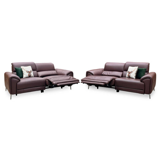 ‘Vino’ Cat-40_30 Oslo Mulberry Burgundy Leather 3 + 3 Seater Power Recliner Sofa Set with Power Headrests and Heated Seats Furniture Village