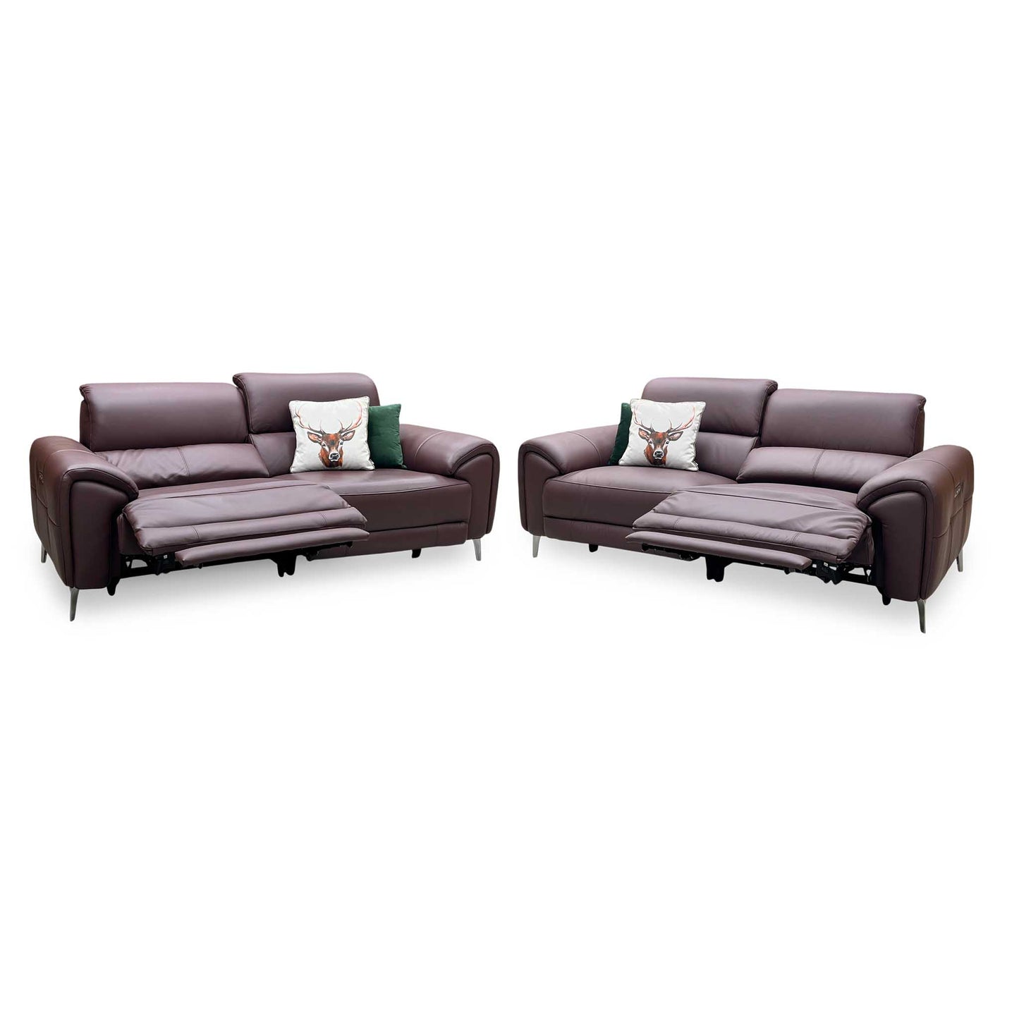 ‘Vino’ Cat-40_30 Oslo Mulberry Burgundy Leather 3 + 3 Seater Power Recliner Sofa Set with Power Headrests and Heated Seats Furniture Village