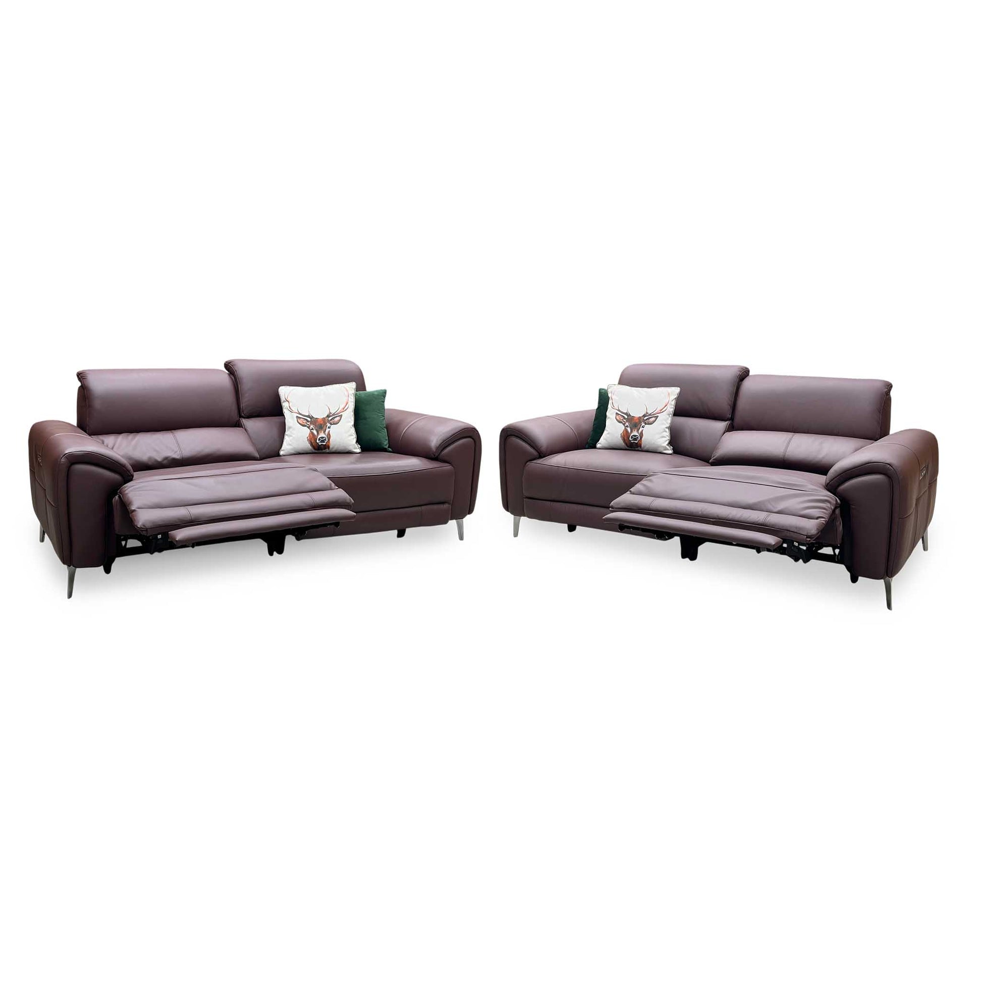 ‘Vino’ Cat-40_30 Oslo Mulberry Burgundy Leather 3 + 3 Seater Power Recliner Sofa Set with Power Headrests and Heated Seats Furniture Village