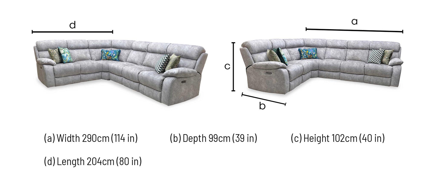 ‘Moreno’ Bfa-Bnn-R28 Grey Velvet Fabric Power Recliner Corner Sofa with Power Headrests + Armless Unit Furniture Village