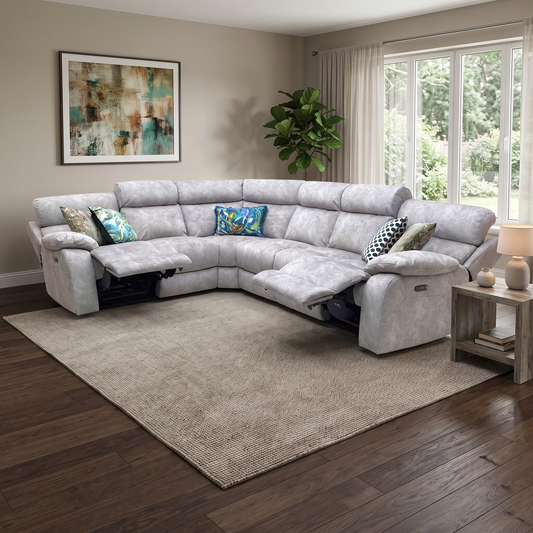 ‘Moreno’ Bfa-Bnn-R28 Grey Velvet Fabric Power Recliner Corner Sofa with Power Headrests + Armless Unit Furniture Village