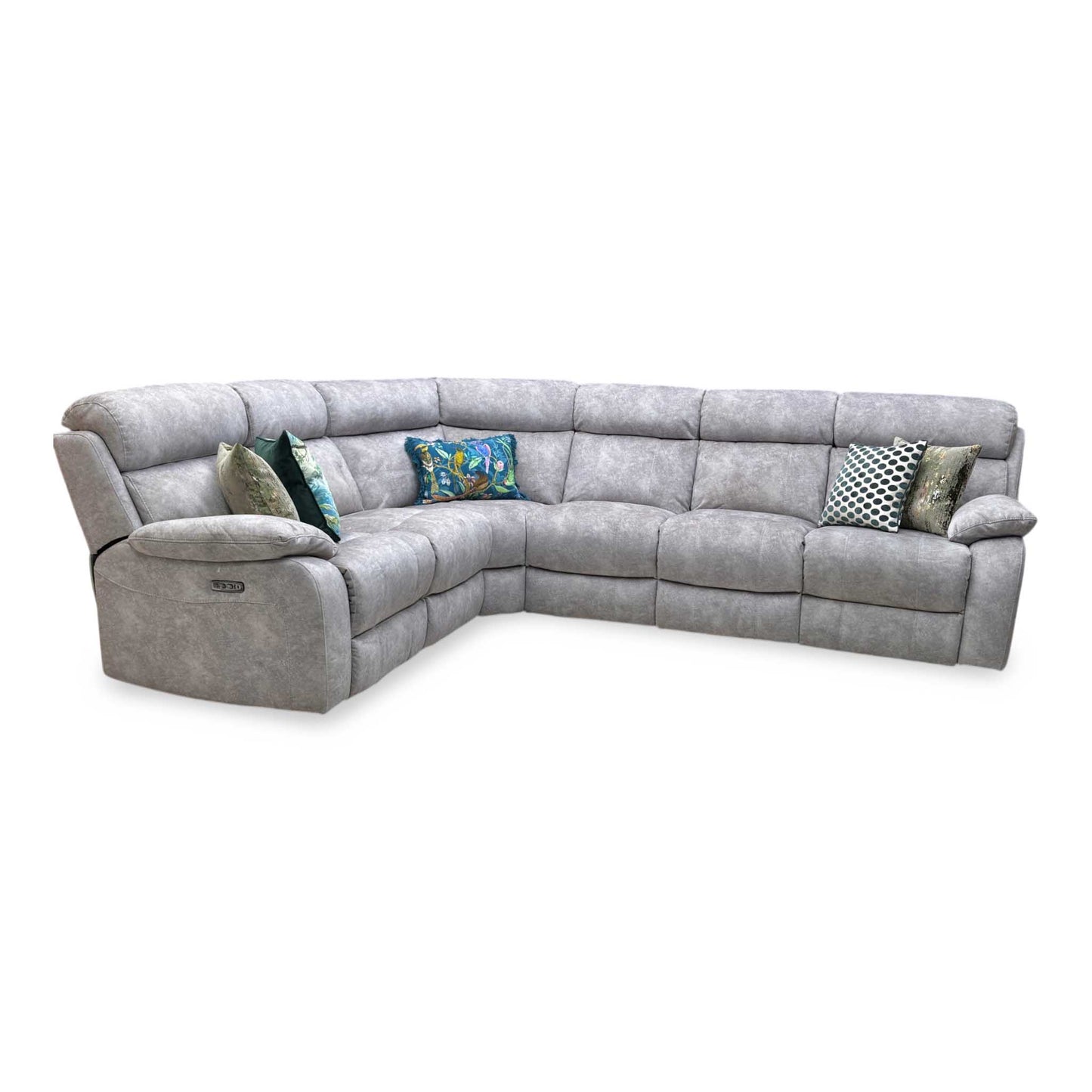 ‘Moreno’ Bfa-Bnn-R28 Grey Velvet Fabric Power Recliner Corner Sofa with Power Headrests + Armless Unit Furniture Village
