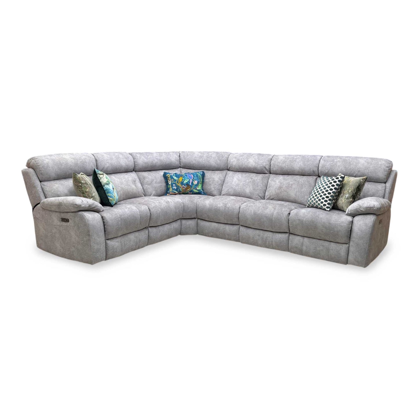 ‘Moreno’ Bfa-Bnn-R28 Grey Velvet Fabric Power Recliner Corner Sofa with Power Headrests + Armless Unit Furniture Village