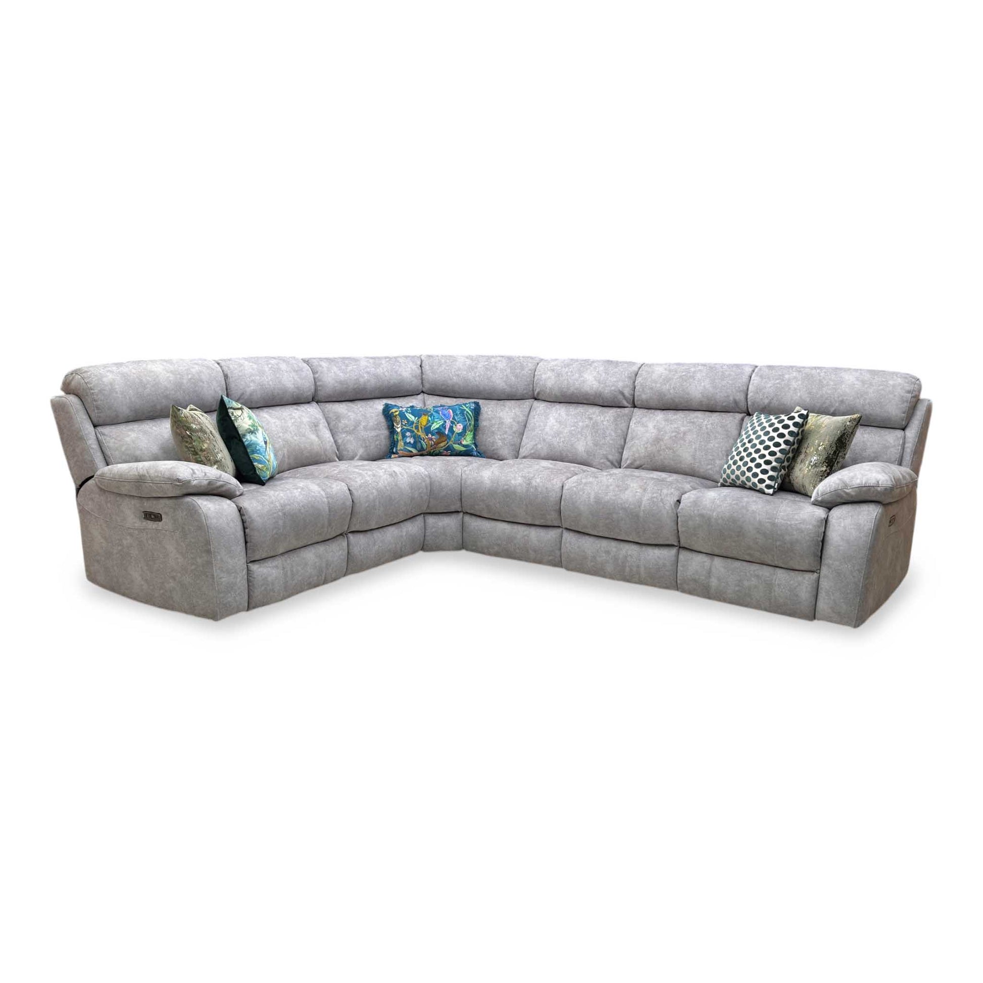 ‘Moreno’ Bfa-Bnn-R28 Grey Velvet Fabric Power Recliner Corner Sofa with Power Headrests + Armless Unit Furniture Village