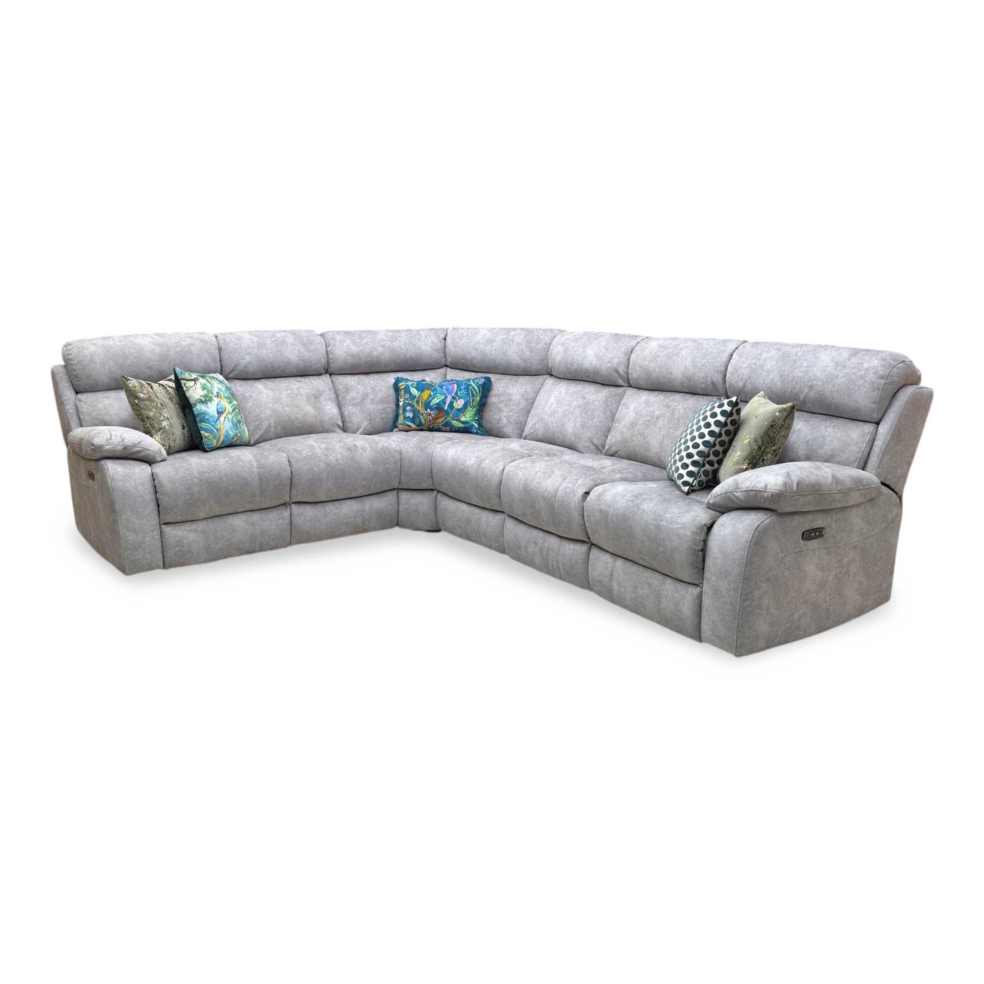 ‘Moreno’ Bfa-Bnn-R28 Grey Velvet Fabric Power Recliner Corner Sofa with Power Headrests + Armless Unit Furniture Village