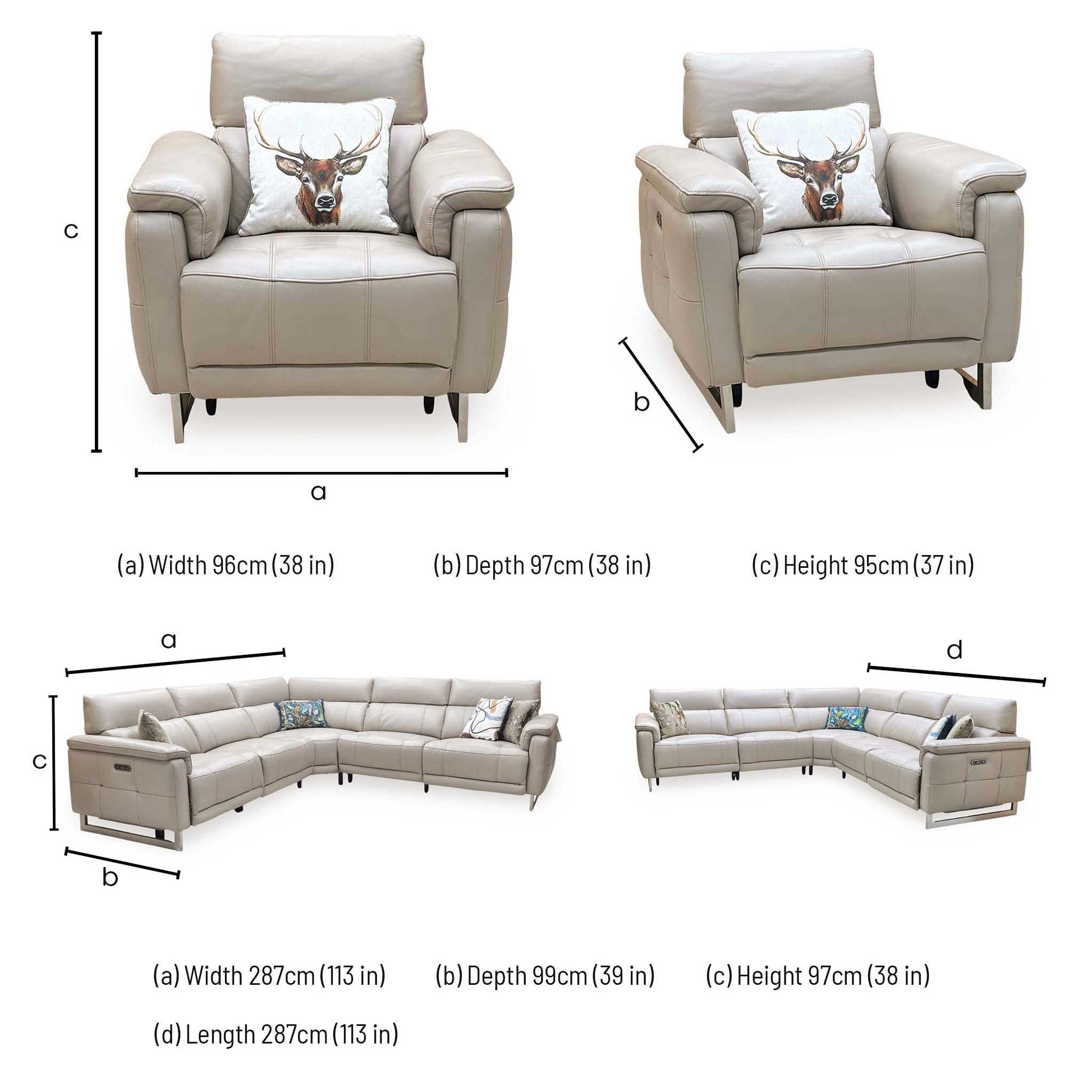 ‘Moet’ Cat-40_08 Oyster Leather Large Power Recliner Corner Sofa + Chair with Power Headrests Furniture Village