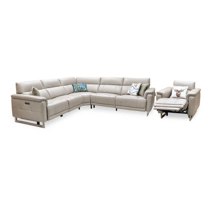 ‘Moet’ Cat-40_08 Oyster Leather Large Power Recliner Corner Sofa + Chair with Power Headrests Furniture Village