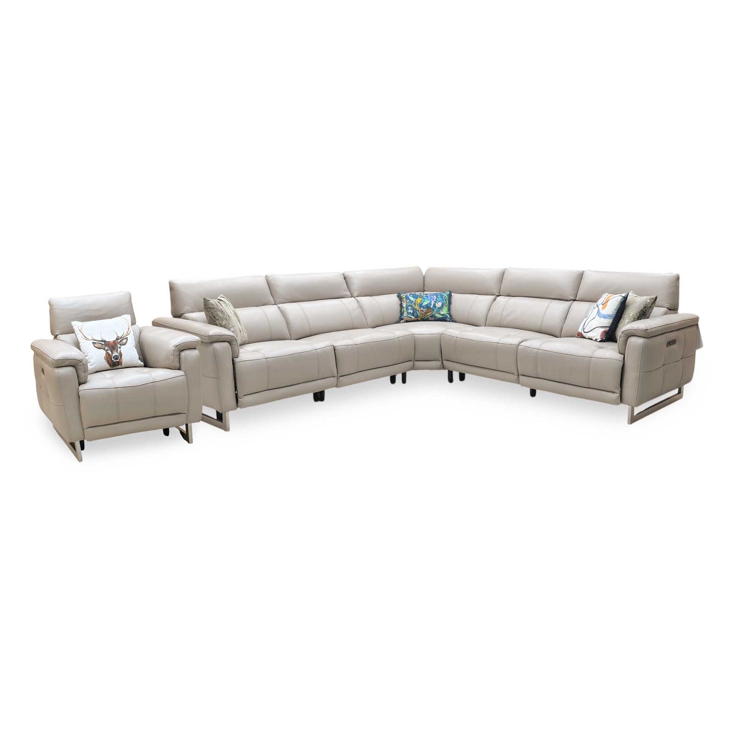 ‘Moet’ Cat-40_08 Oyster Leather Large Power Recliner Corner Sofa + Chair with Power Headrests Furniture Village