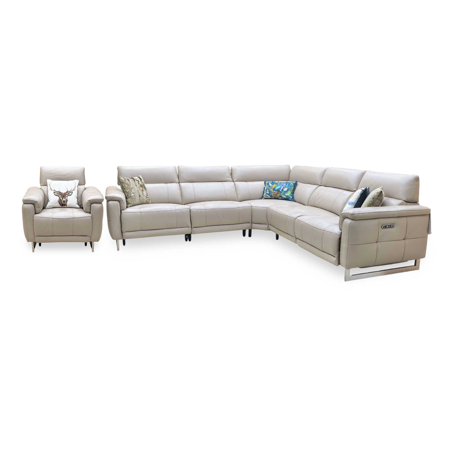 ‘Moet’ Cat-40_08 Oyster Leather Large Power Recliner Corner Sofa + Chair with Power Headrests Furniture Village