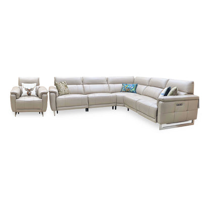 ‘Moet’ Cat-40_08 Oyster Leather Large Power Recliner Corner Sofa + Chair with Power Headrests Furniture Village
