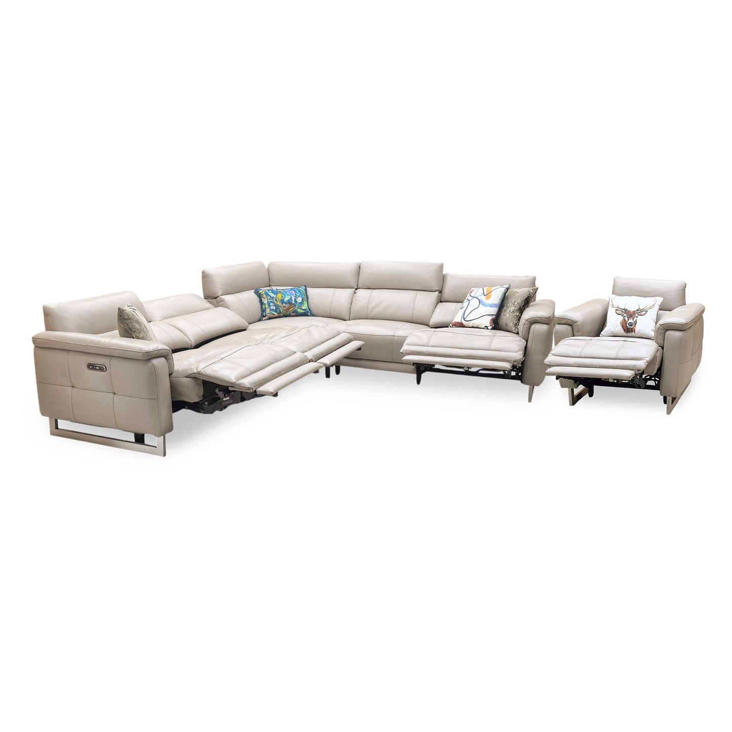 ‘Moet’ Cat-40_08 Oyster Leather Large Power Recliner Corner Sofa + Chair with Power Headrests Furniture Village