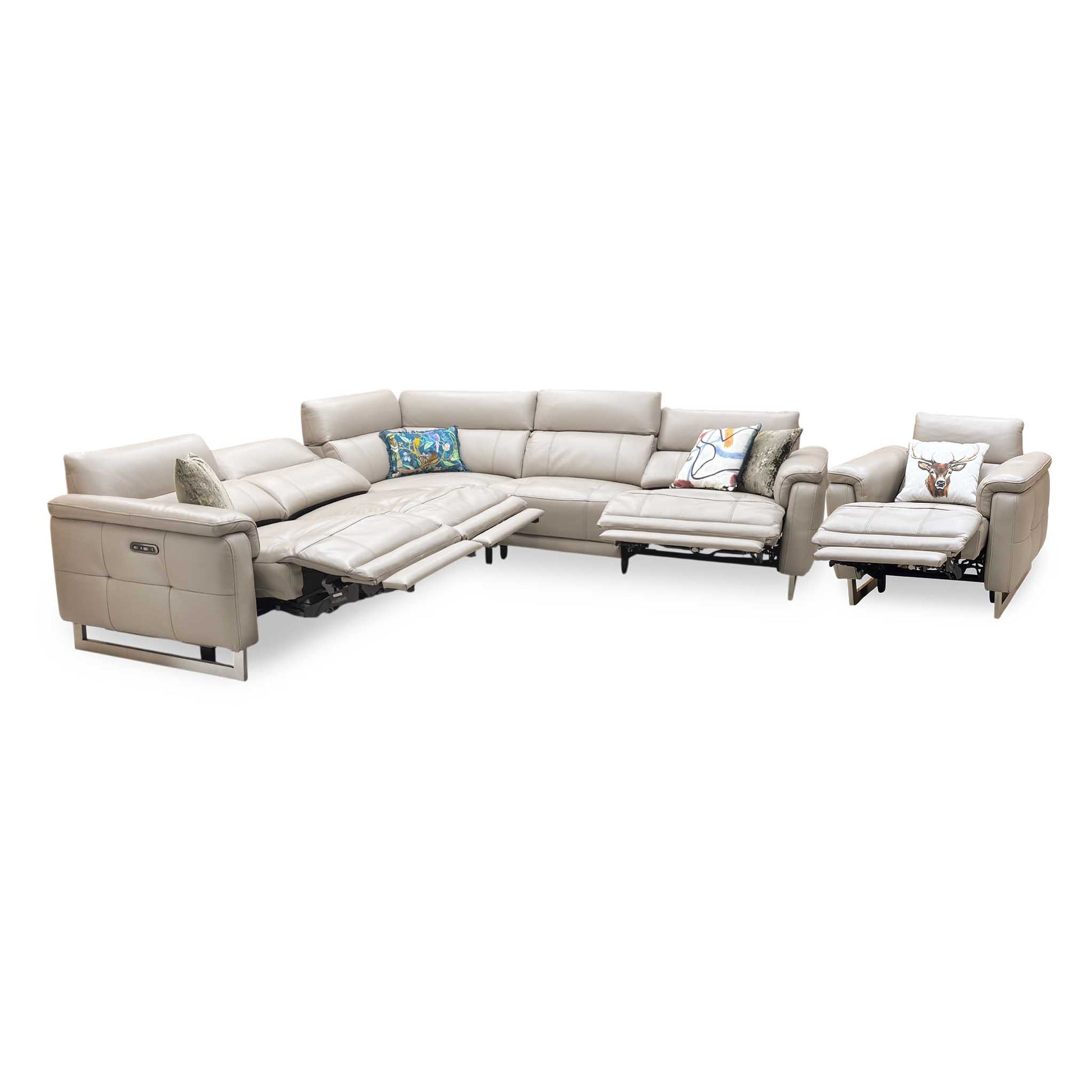 ‘Moet’ Cat-40_08 Oyster Leather Large Power Recliner Corner Sofa + Chair with Power Headrests Furniture Village