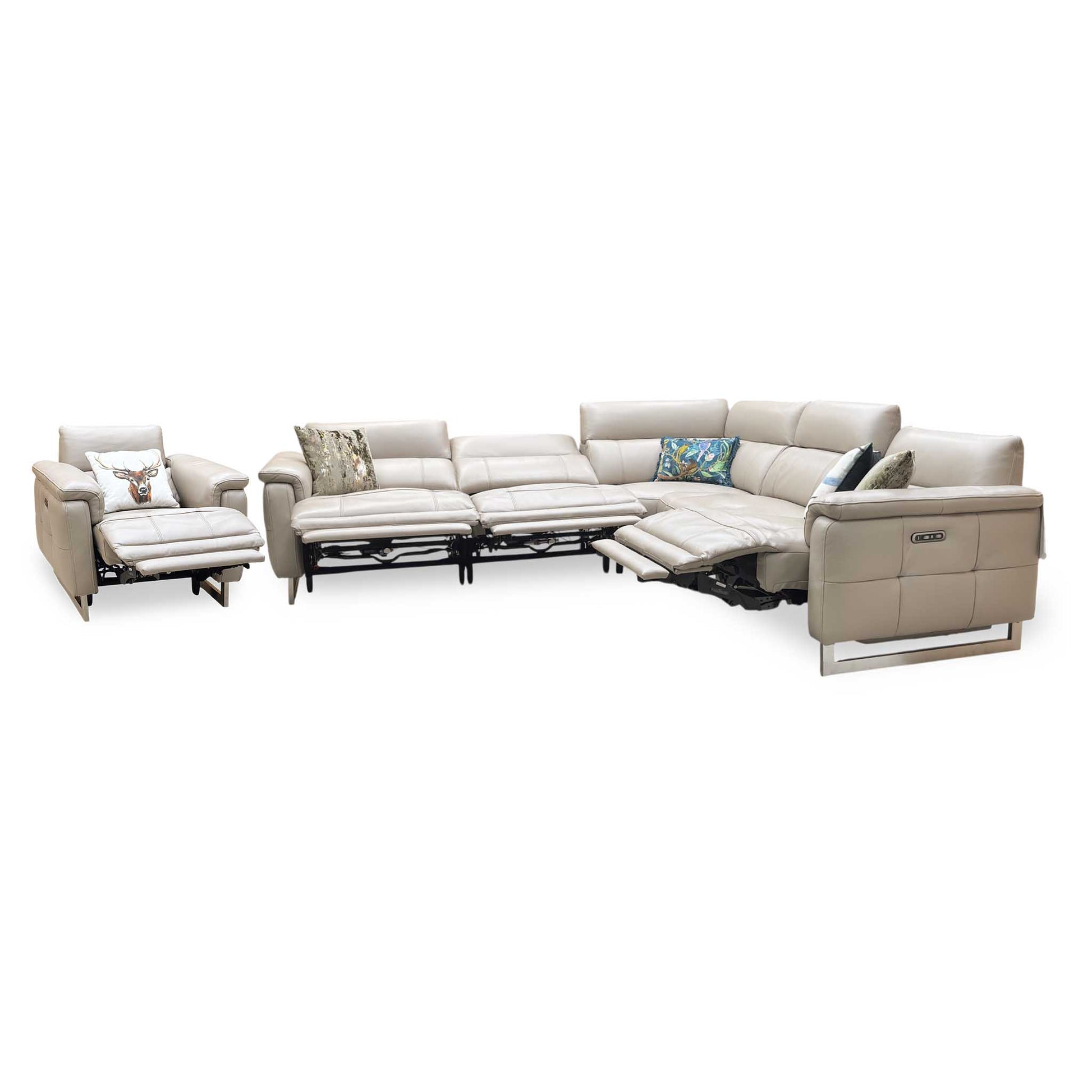 ‘Moet’ Cat-40_08 Oyster Leather Large Power Recliner Corner Sofa + Chair with Power Headrests Furniture Village