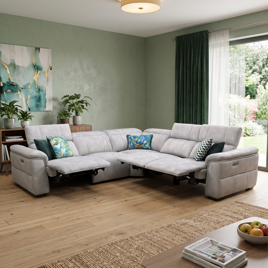 ‘Inca’ Dexter Stone Fabric Large Power Recliner Corner Sofa with Power Headrests Furniture Village