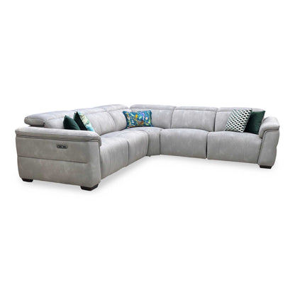 ‘Inca’ Dexter Stone Fabric Large Power Recliner Corner Sofa with Power Headrests Furniture Village