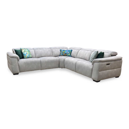 ‘Inca’ Dexter Stone Fabric Large Power Recliner Corner Sofa with Power Headrests Furniture Village