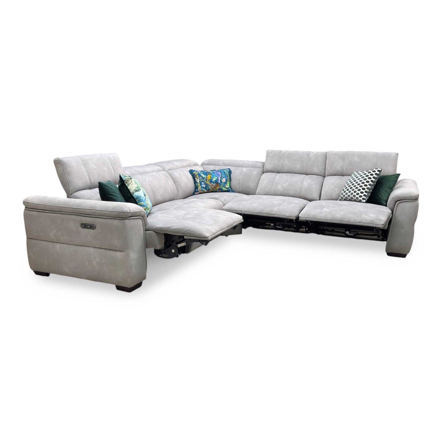 ‘Inca’ Dexter Stone Fabric Large Power Recliner Corner Sofa with Power Headrests Furniture Village