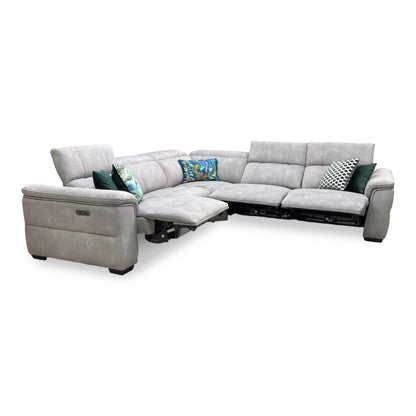 ‘Inca’ Dexter Stone Fabric Large Power Recliner Corner Sofa with Power Headrests Furniture Village
