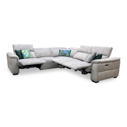 ‘Inca’ Dexter Stone Fabric Large Power Recliner Corner Sofa with Power Headrests Furniture Village