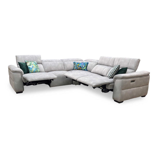 ‘Inca’ Dexter Stone Fabric Large Power Recliner Corner Sofa with Power Headrests Furniture Village