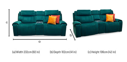 World of Leather ‘Hollywood’ Emerald Green Velvet Fabric 3 Seater Power Recliner Media Sofa with Power Headrests and Storage Arms Furniture Village