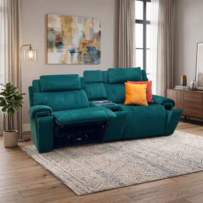 World of Leather ‘Hollywood’ Emerald Green Velvet Fabric 3 Seater Power Recliner Media Sofa with Power Headrests and Storage Arms Furniture Village
