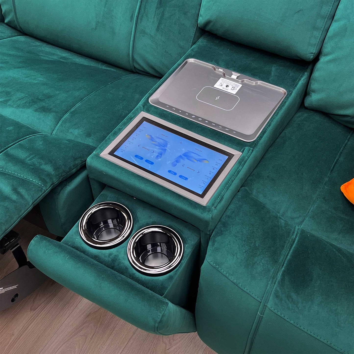 World of Leather ‘Hollywood’ Emerald Green Velvet Fabric 3 Seater Power Recliner Media Sofa with Power Headrests and Storage Arms Furniture Village
