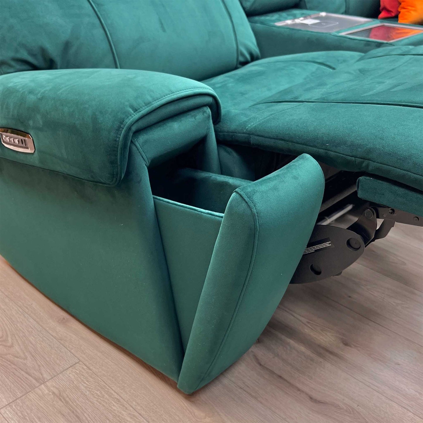 World of Leather ‘Hollywood’ Emerald Green Velvet Fabric 3 Seater Power Recliner Media Sofa with Power Headrests and Storage Arms Furniture Village