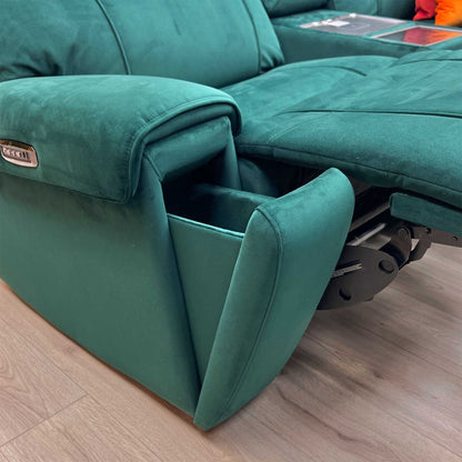 World of Leather ‘Hollywood’ Emerald Green Velvet Fabric 3 Seater Power Recliner Media Sofa with Power Headrests and Storage Arms Furniture Village