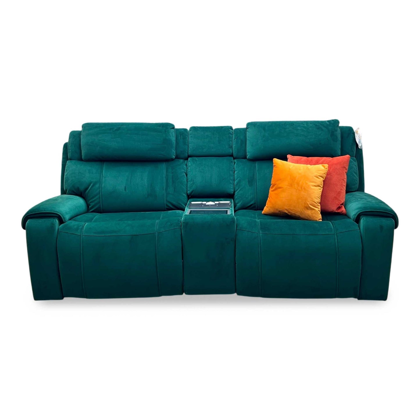 World of Leather ‘Hollywood’ Emerald Green Velvet Fabric 3 Seater Power Recliner Media Sofa with Power Headrests and Storage Arms Furniture Village