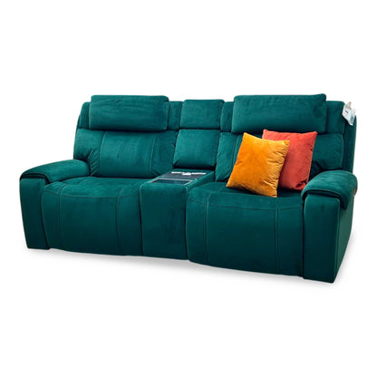 World of Leather ‘Hollywood’ Emerald Green Velvet Fabric 3 Seater Power Recliner Media Sofa with Power Headrests and Storage Arms Furniture Village