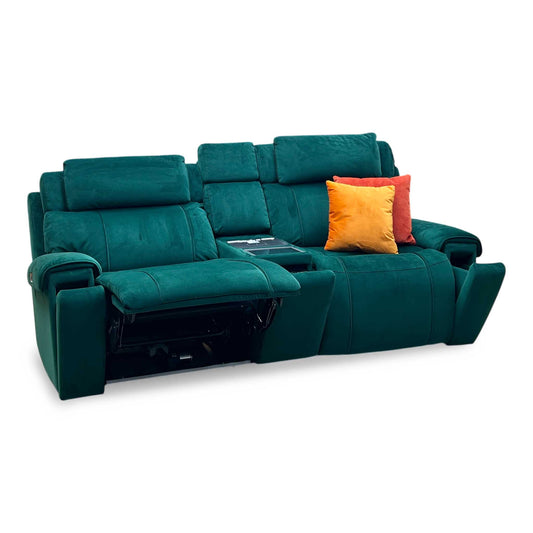 World of Leather ‘Hollywood’ Emerald Green Velvet Fabric 3 Seater Power Recliner Media Sofa with Power Headrests and Storage Arms Furniture Village