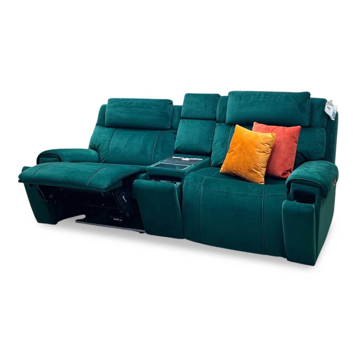 World of Leather ‘Hollywood’ Emerald Green Velvet Fabric 3 Seater Power Recliner Media Sofa with Power Headrests and Storage Arms Furniture Village
