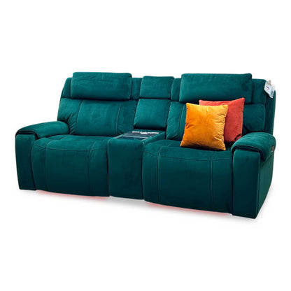 World of Leather ‘Hollywood’ Emerald Green Velvet Fabric 3 Seater Power Recliner Media Sofa with Power Headrests and Storage Arms Furniture Village