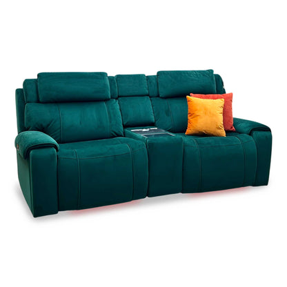 World of Leather ‘Hollywood’ Emerald Green Velvet Fabric 3 Seater Power Recliner Media Sofa with Power Headrests and Storage Arms Furniture Village