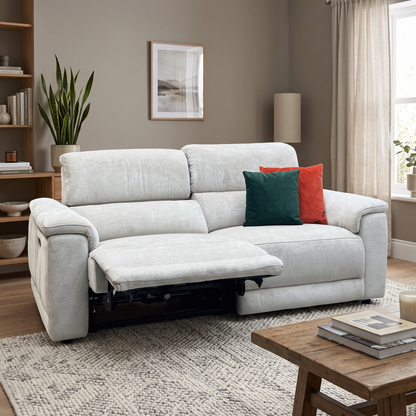 ‘Genius' Hudson Cream Fabric 3 Seater Power Recliner Sofa with Power Headrests Furniture Village